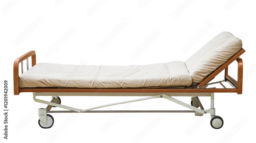 A comfortable hospital bed with wooden accents and a soft mattress, designed for patient care and recovery, ideal for healthcare settings. A comfortable hospital bed with wooden accents and a soft mattress, designed for patient care and recovery, ideal for healthcare settings.