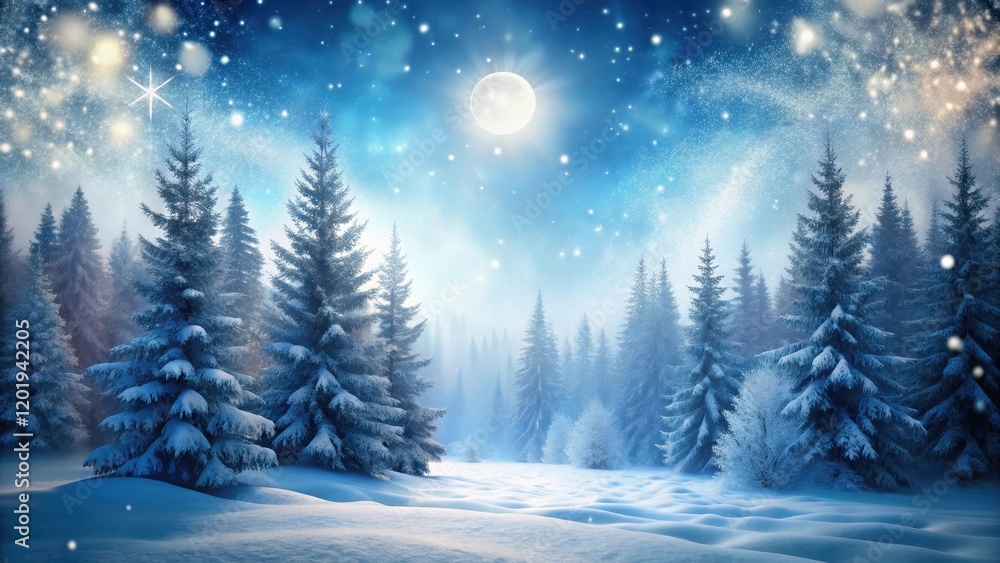 Fototapeta premium Snowy forest with blurred trees, snowflakes and moonlight, forest, frosty morning