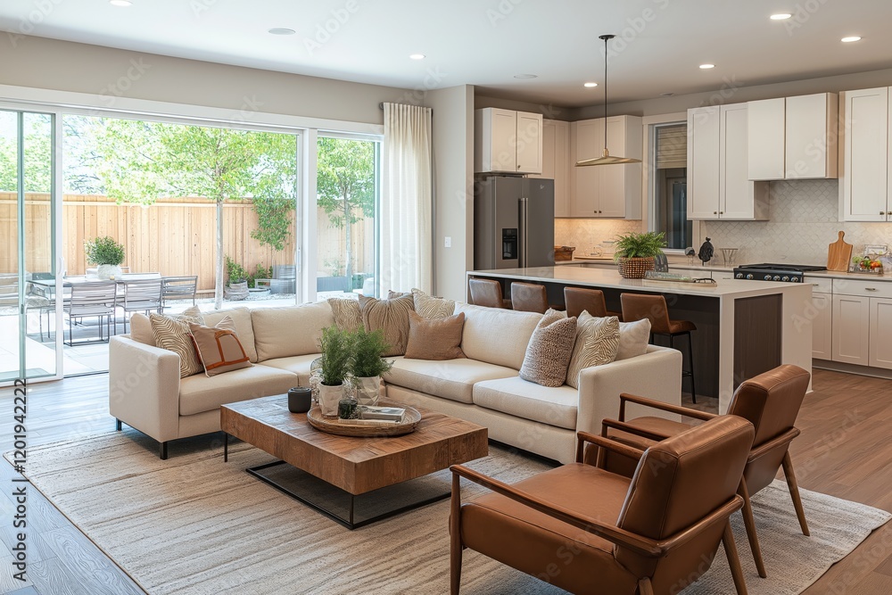 Modern open-concept living room and kitchen with warm brown tones, chocolate accents, and creamy upholstery. Modern open-concept living room and kitchen with warm brown tones, chocolate accents, and creamy upholstery.