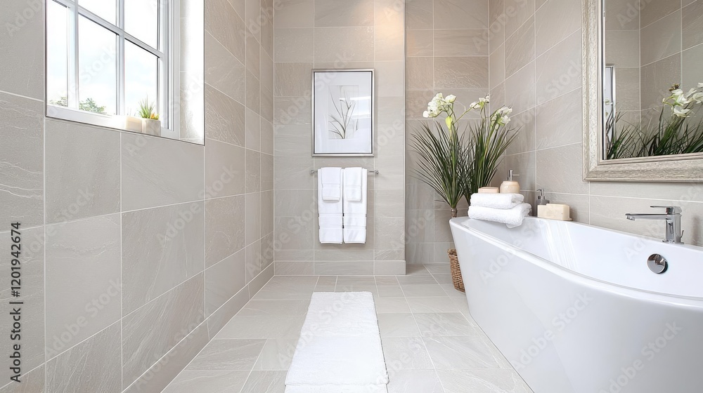 Obraz premium Modern bathroom interior design, featuring freestanding bathtub, neutral tones, and natural light