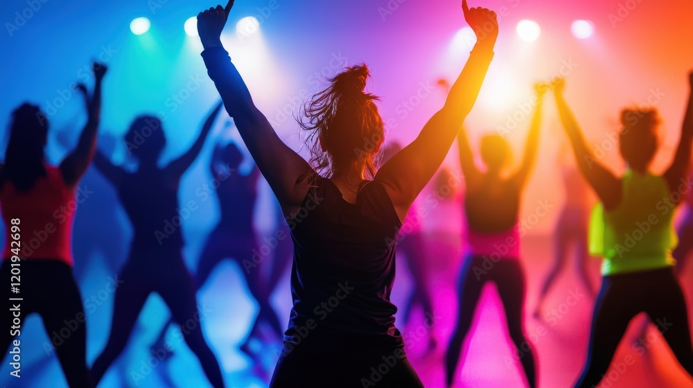 A Zumba dance class with vibrant energy, colorful lights, and enthusiastic participants A Zumba dance class with vibrant energy, colorful lights, and enthusiastic participants