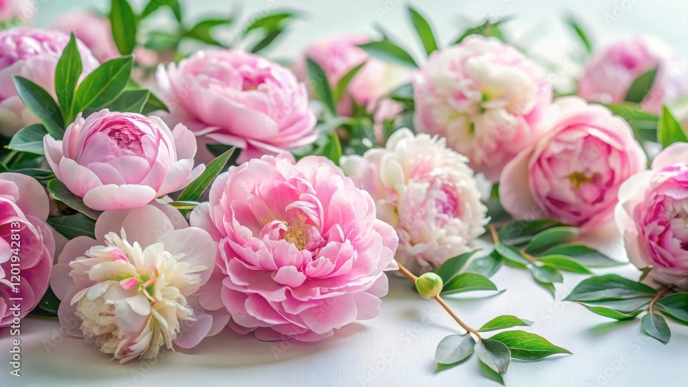 Pastel pink peony flowers scattered on a soft white background Pastel pink peony flowers scattered on a soft white background
