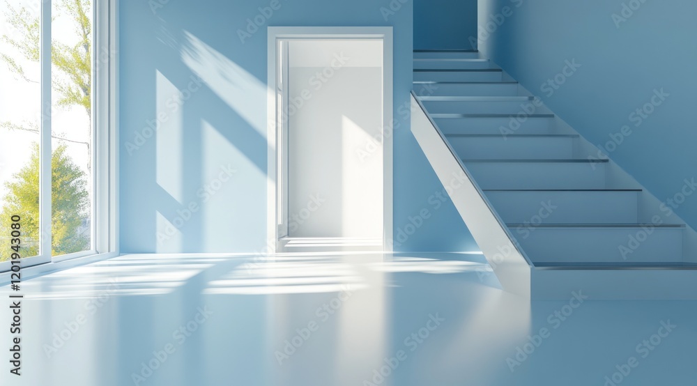 Obraz premium Sunlit empty room with stairs and window.