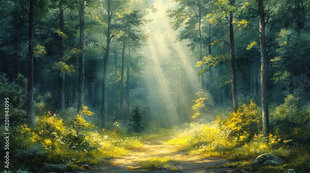 Fototapeta premium serene forest scene with sunlight filtering through trees, creating peaceful atmosphere. vibrant greenery and soft light evoke sense of tranquility and connection to nature