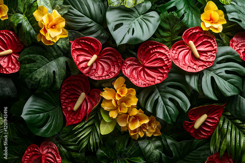 Wallpaper Mural Lush tropical foliage backdrop featuring vibrant red Anthurium and yellow flowers. Perfect for exotic themes, summer designs, or vibrant backgrounds. Torontodigital.ca