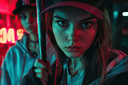 Two females bandit goons staring at camera. Menacing looking baseball batting criminality threatening viewer. Dark criminal background. Female thug holding bat. Gangster danger area. Neon lighting photo