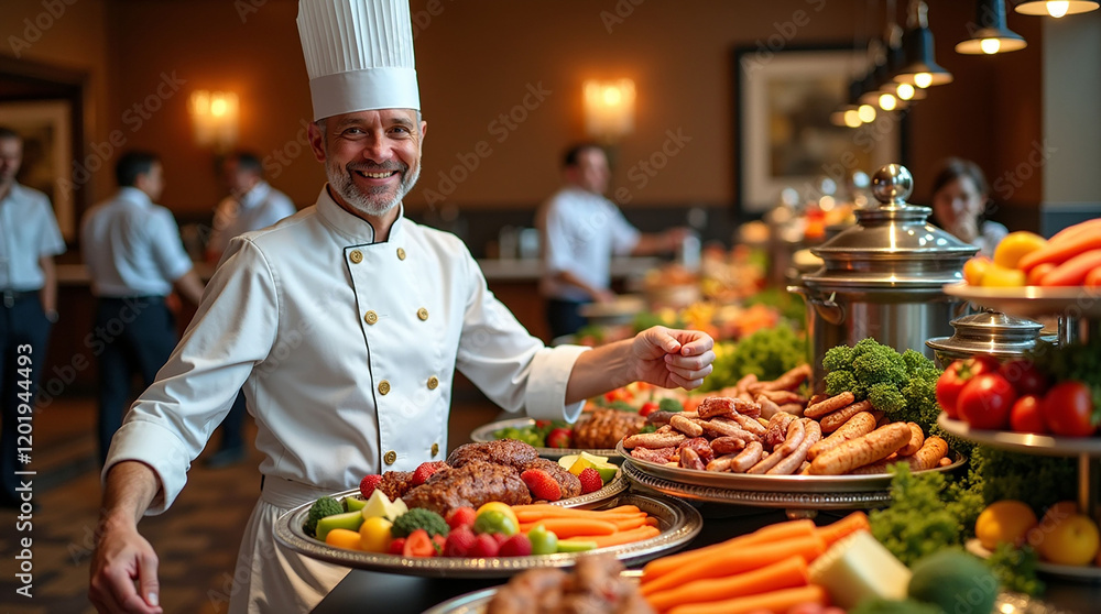 The chef serves a buffet meal indoors at the restaurant with colorful meats, fruits and vegetables The chef serves a buffet meal indoors at the restaurant with colorful meats, fruits and vegetables