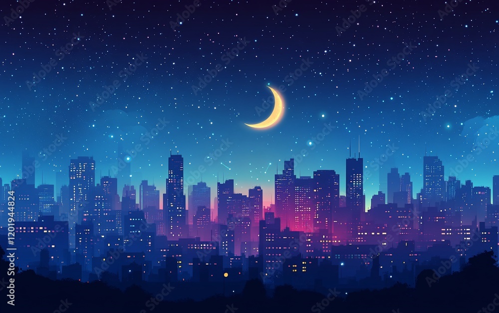 Fototapeta premium Night city skyline under crescent moon, starry sky