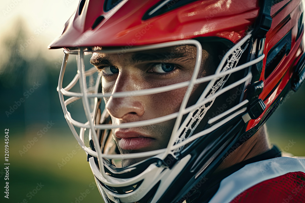 Close-up of a determined lacrosse player cradling the ball, eyes scanning the field Close-up of a determined lacrosse player cradling the ball, eyes scanning the field