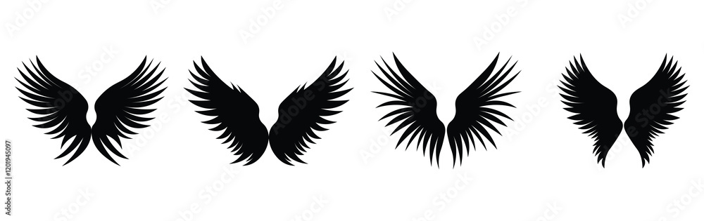 Obraz premium Eagle wings set. Army minimal logo, wing graphics icons. Abstract retro black falcon bird badges, isolated flight emblem tidy vector collection stock illustration Animal Wing.