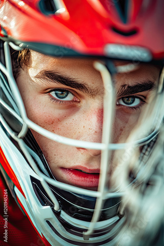 Close-up of a determined lacrosse player cradling the ball, eyes scanning the field photo