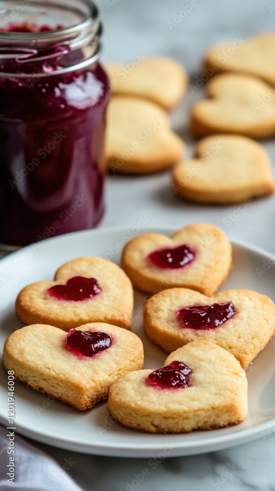 Heart-shaped cookies with jam in the center presented on a plate beside a jar of homemade berry preserve Heart-shaped cookies with jam in the center presented on a plate beside a jar of homemade berry preserve