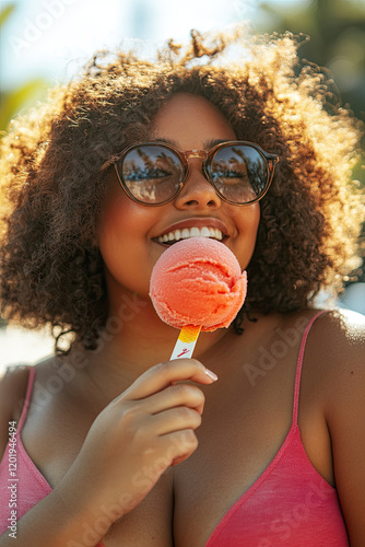 Plus-size woman enjoying a fresh fruit sorbet on a warm day photo