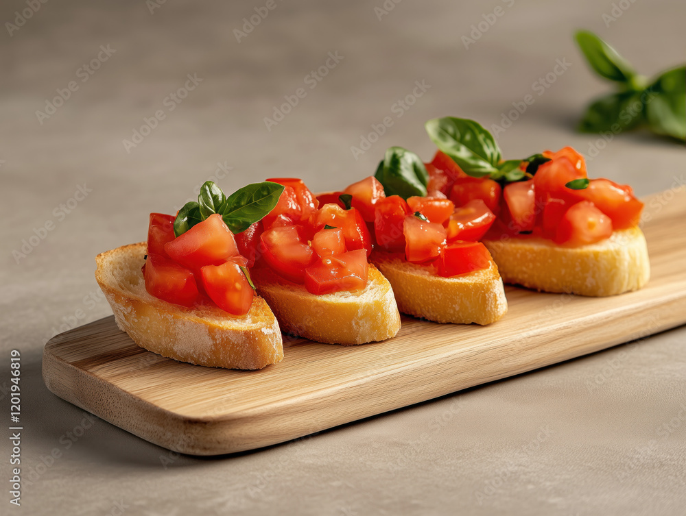 Fresh Tomato Bruschetta on Wooden Platter with Basil Garnish Fresh Tomato Bruschetta on Wooden Platter with Basil Garnish