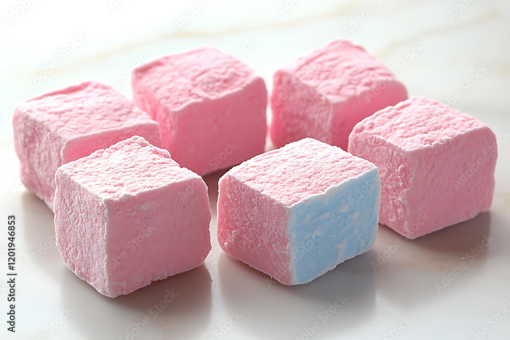 A high-quality photograph of soft, fluffy marshmallows in pastel colors, neatly arranged on a white surface with soft lighting, creating a cozy atmosphere A high-quality photograph of soft, fluffy marshmallows in pastel colors, neatly arranged on a white surface with soft lighting, creating a cozy atmosphere