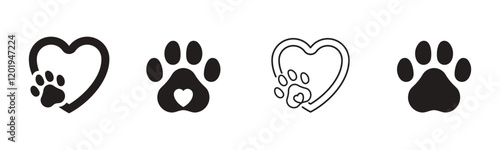 Pet paw editable stroke. footprints Pet paw, Heart with pet paw print dog cat icon, vector illustration