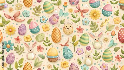 easter seamless pattern with eggs and flowers