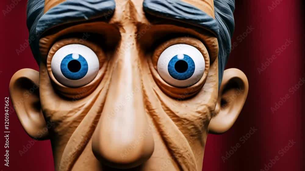 A close-up of a claymation-style figure with expressive blue eyes, ideal for Halloween or animation themes A close-up of a claymation-style figure with expressive blue eyes, ideal for Halloween or animation themes