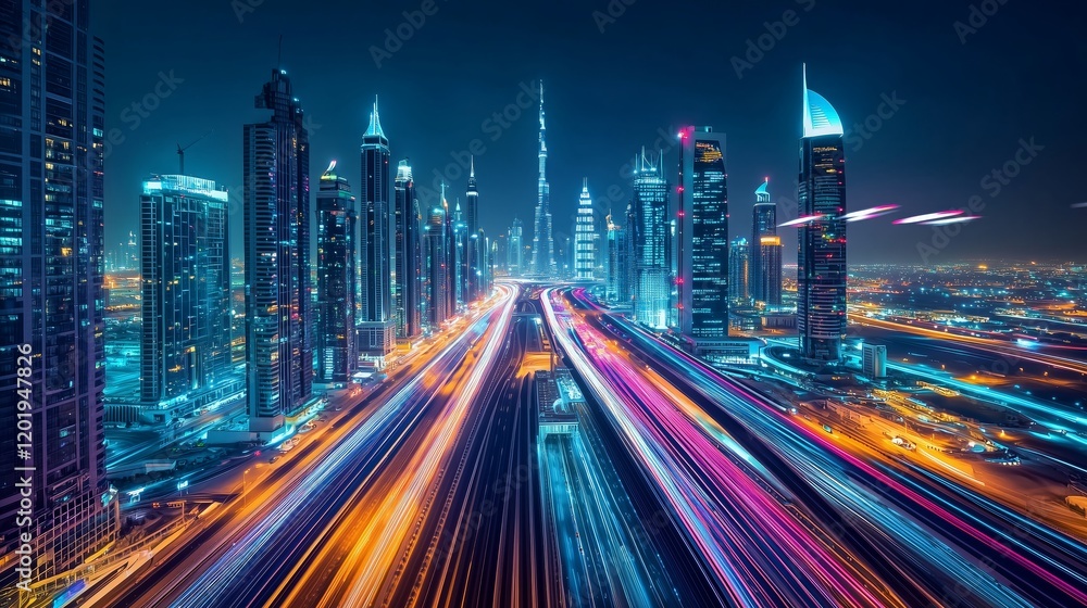 High-Tech City Night with Skyscrapers and Colorful Traffic Light Streaks - Made with Generative AI High-Tech City Night with Skyscrapers and Colorful Traffic Light Streaks - Made with Generative AI
