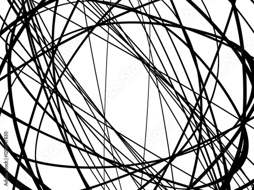 Black tangled thread background. Vector illustration of abstract circular pen strokes, on white background. Hand drawn tangled scribbles. Isolated vector illustration on white background.