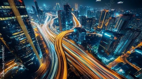 High-Tech City Lights and Traffic Trails in a Bustling Metropolis - Made with Generative AI