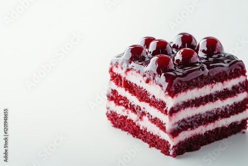 Delicious dessert slice featuring vibrant cherry topping on pristine backdrop for culinary presentations and food photography photo