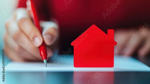 A person writes on a notepad with a red pen, while a red house model sits nearby, symbolizing home ownership or real estate transactions.