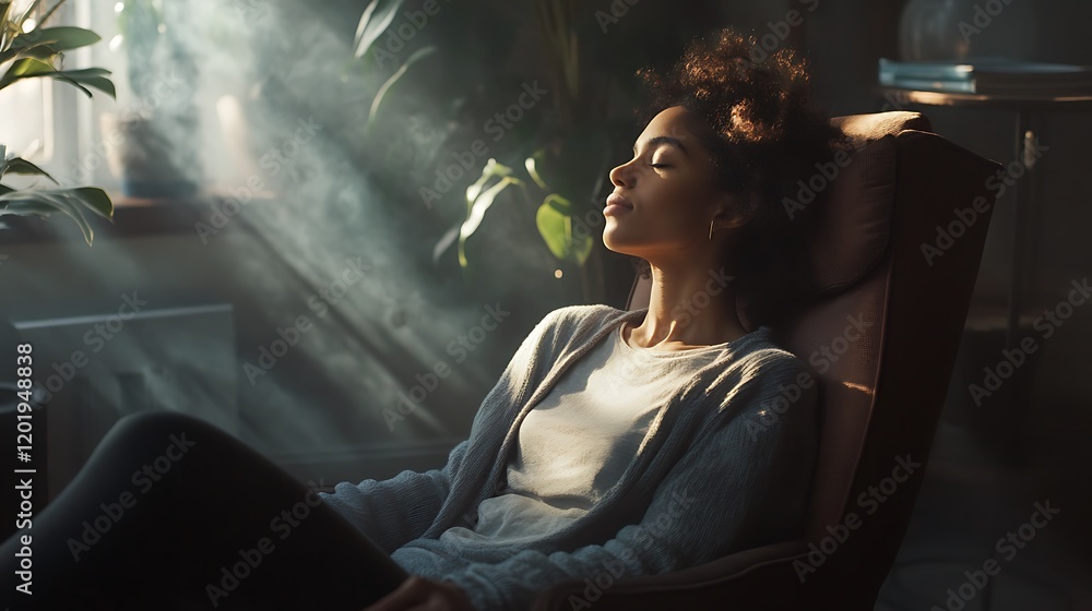 An adult seated in a chair with light gently highlighting their calm and thoughtful expression An adult seated in a chair with light gently highlighting their calm and thoughtful expression