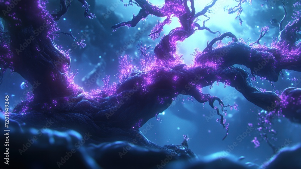 Obraz premium Ethereal Glowing Tree in a Mystical Forest: A Dreamlike Digital Painting