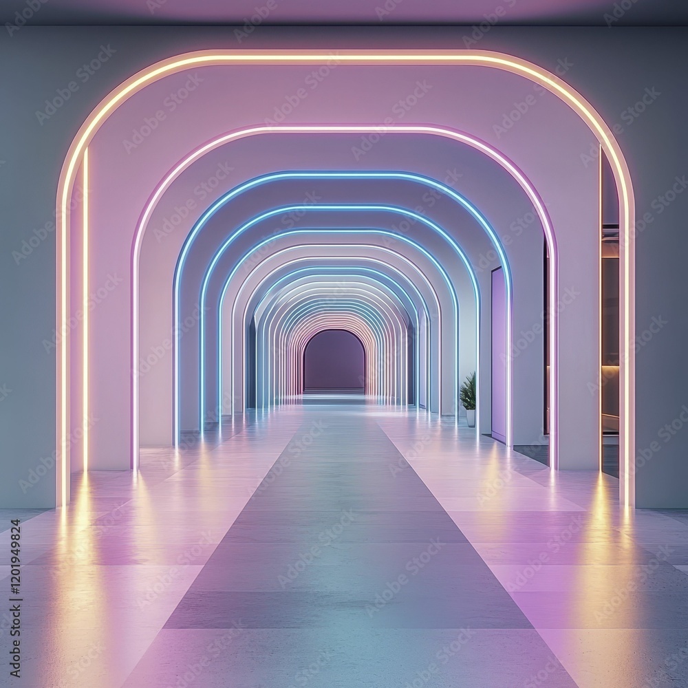 Obraz premium A modern corridor illuminated by colorful neon lights, featuring archways that create a dynamic and vibrant atmosphere.