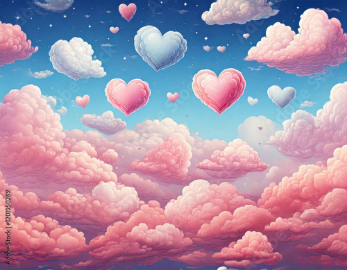 Floating heart-shaped clouds in a pastel sky dreamy landscape digital artwork serene environment aerial view romantic concept photo