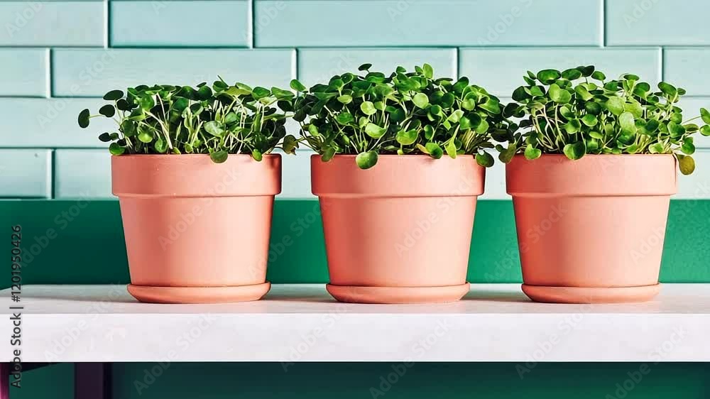 Three clay pots with lush green plants on a table, symbolizing growth and spring Three clay pots with lush green plants on a table, symbolizing growth and spring