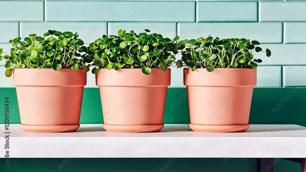 Three terracotta pots with lush green microgreens on a shelf, ideal for gardening or spring themes Three terracotta pots with lush green microgreens on a shelf, ideal for gardening or spring themes