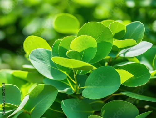 A macro shot of a vibrant green eucalyptus leaf, showcasing its smooth texture. photo