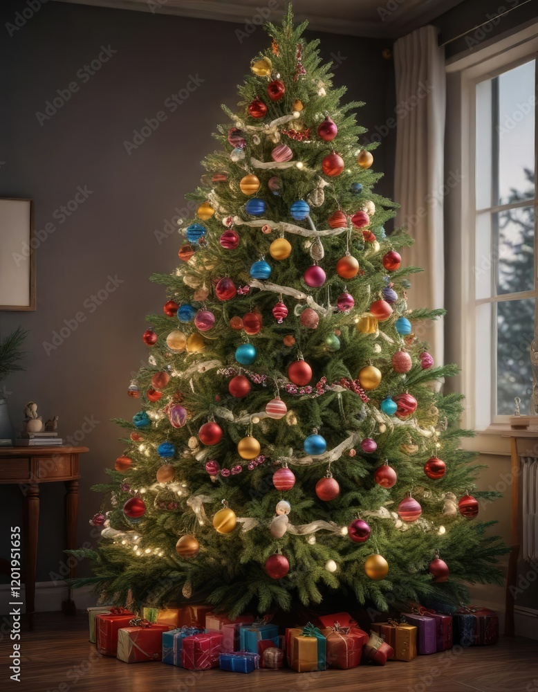 A lush and vibrant fir Christmas tree filled with colorful ornaments and garlands wrapped around its branches, sparkling lights, bows A lush and vibrant fir Christmas tree filled with colorful ornaments and garlands wrapped around its branches, sparkling lights, bows