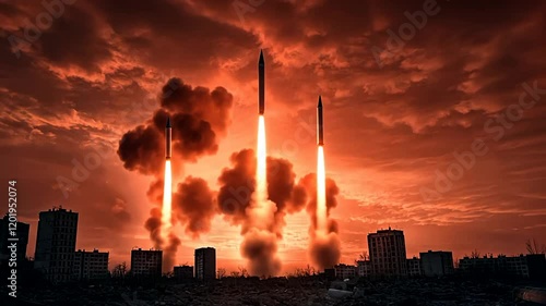 Three missiles launch against a dramatic sunset, evoking themes of war and global conflict