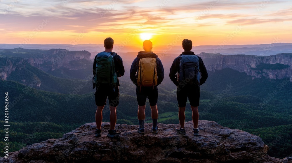 Obraz premium Hikers watching sunset, mountain peak, adventure, teamwork, landscape
