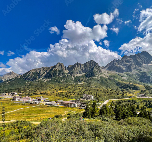 Beautiful view of Passo del Tonale with blue sky and clouds