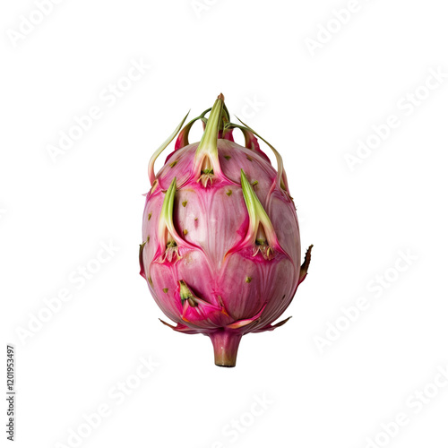 Dragon Fruit: A single, vibrant pink dragon fruit with distinctive green scales stands out against a clean backdrop, showcasing its exotic beauty and unique texture.   photo