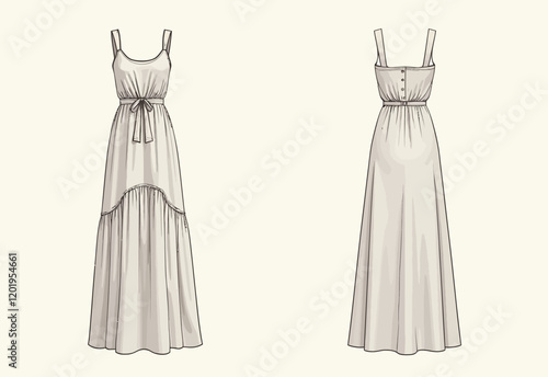 Fashion Flat Technical Illustration Tiered Dress Bustier Strap Maxi Relaxed Fit Front Back White Beige Women CAD Template
