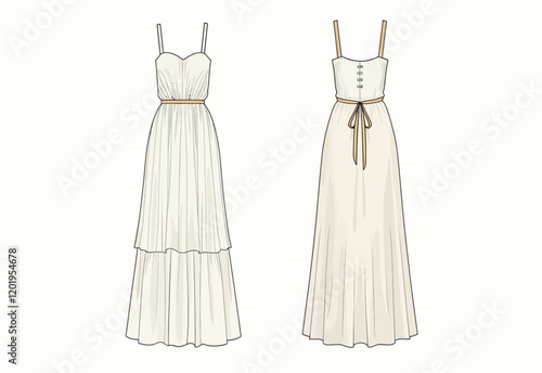 Tiered Maxi Dress Technical Drawing Bustier Strap Relaxed Fit Front Back View White Beige Women Fashion Flat CAD Template Illustration
