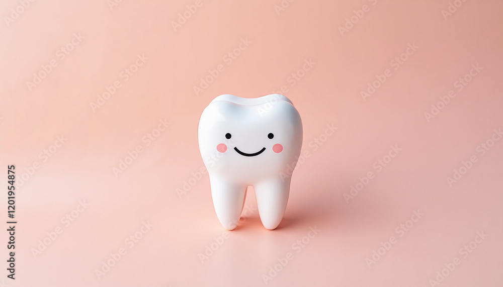 Fototapeta premium Cute smiling tooth with a happy face against a pink background