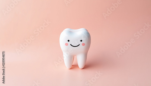 Cute smiling tooth with a happy face against a pink background