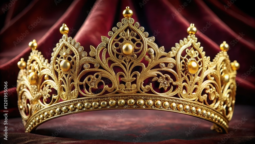 Ornate gold headpiece with intricate designs and patterns on a velvet background, high-end fashion, decorative pieces Ornate gold headpiece with intricate designs and patterns on a velvet background, high-end fashion, decorative pieces