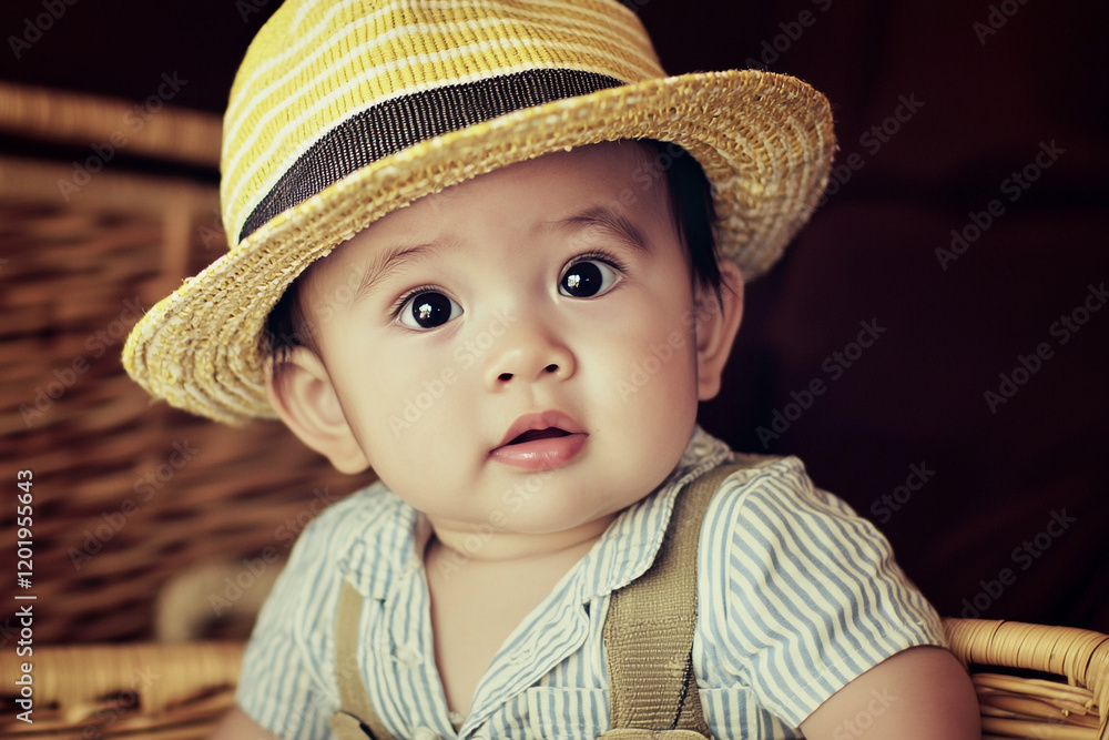 Child dressed as a traveler with straw hat Child dressed as a traveler with straw hat