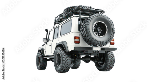 A rugged white off-road vehicle showcasing its robust design and durable tires, ideal for outdoor adventures and exploring tough terrains. photo