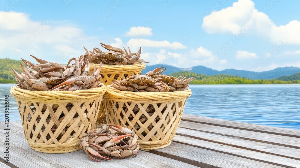 Obraz premium Fresh Crabs by the Lake - Three baskets brimming with fresh crabs sit on a wooden dock overlooking a serene lake, under a bright, sunny sky.
