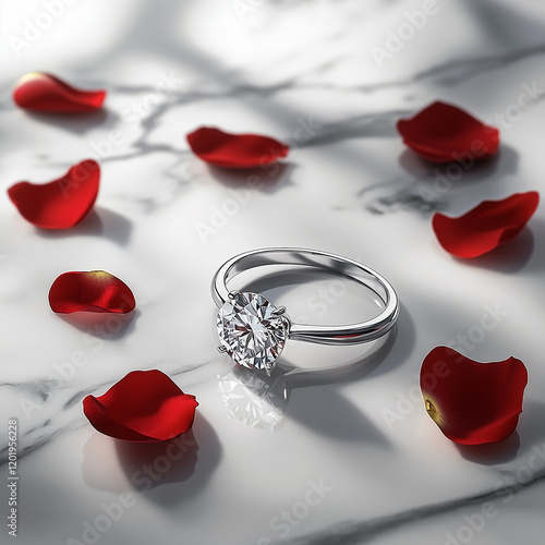 Sparkling solitaire diamond engagement ring placed on a white marble surface with scattered red rose petals, symbolizing love, elegance, and passion
