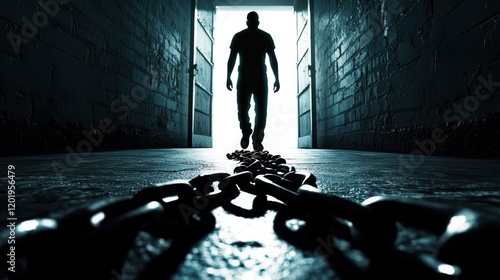 A symbolic image of broken chains on the ground, with an inmate walking toward a bright doorway in the distance