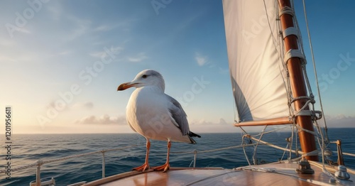 A perched seagull on the sail of a sailing boat with the sea in the background, blue sky, cote d azur photo